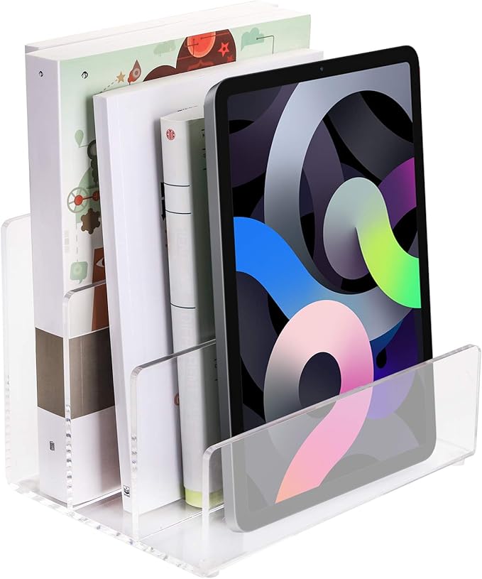 Jucoan Clear Acrylic File Holder, 3 Sections Vertical Desktop Organizer, 9 x 6.5 x 6.5 Inch Office File Sorter Stand Rack for Documents Letter Book