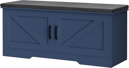 2-Tier Storage Bench, Shoe Bench with Padded Seat Cushion, Entryway Bench with 2 Barn Doors, Adjustable Shelf, 13.8" D x 39.4" W x 17.7" H, for Entryway, Living Room, Bedroom, Blue-NeatNest