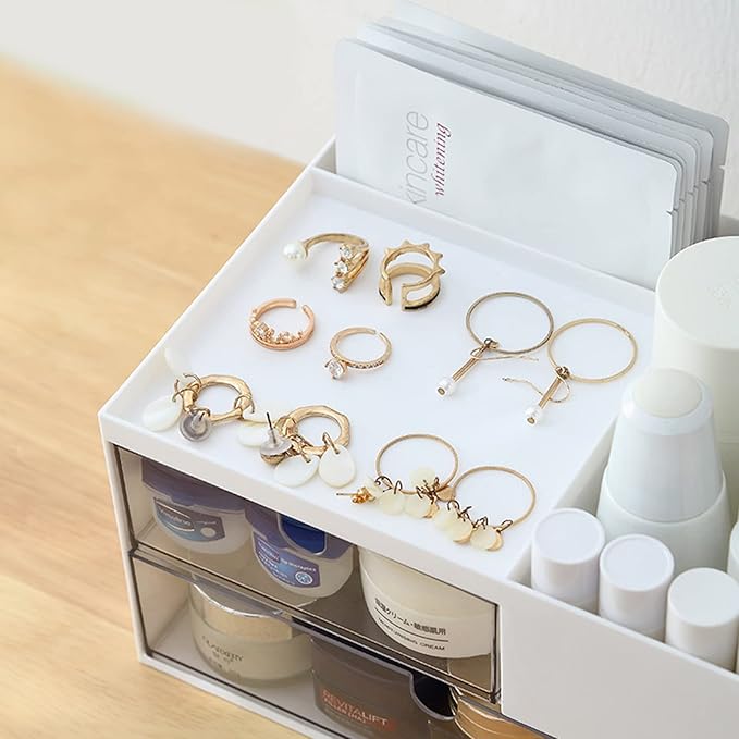 Makeup Organizer with 2 Drawers, Desk Organizer, 4 Compartments, Cosmetics Storage Box for nail polish,Lipstick, Brushes, Jewelry, Skincare, Bathroom Organization Boxes - White-NeatNest