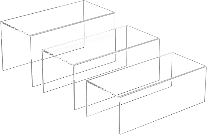 Clear Display Risers Shelf 3pcs, Countertop Rectangular Acrylic Display Storage Organizer, Acrylic Stands for Funko Pop Figure, Cosmetics, Bags, Shoes, Toys, Collectibles - 12- 4'', 5'', 6''-NeatNest
