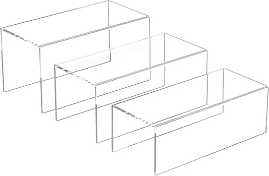 Clear Display Risers Shelf 3pcs, Countertop Rectangular Acrylic Display Storage Organizer, Acrylic Stands for Funko Pop Figure, Cosmetics, Bags, Shoes, Toys, Collectibles - 12- 4'', 5'', 6''-NeatNest