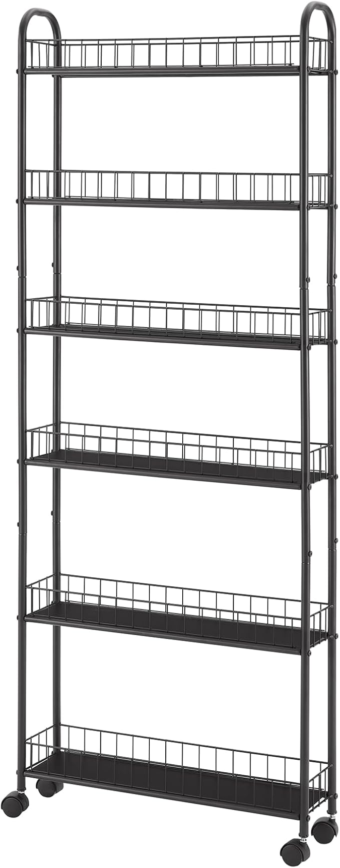 6-Tier Storage Cart Wire Slim Shelving Shelf with Wheels for Small Spaces, Rolling Tall Organizer Storage for Bathroom, Kitchen, Home, Garage, Bedroom, Closet (Black, 6" D)