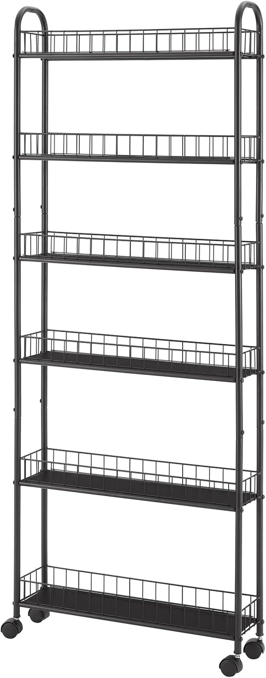 6-Tier Storage Cart Wire Slim Shelving Shelf with Wheels for Small Spaces, Rolling Tall Organizer Storage for Bathroom, Kitchen, Home, Garage, Bedroom, Closet (Black, 6" D)