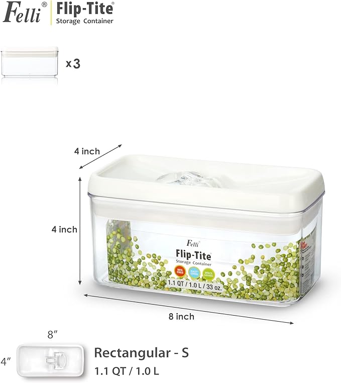 Felli Flip Tite Food Storage Container with Lid 4” RECTANGLE Airtight Ring Flip Lock Top, Stackable Acrylic Canister Set for Kitchen Fridge Pantry Organizer, Veggie Fruit Tea Bag Snack (1.1 qt)-NeatNest