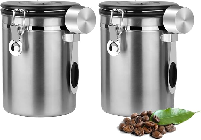 Coffee Canister Airtight Storage Container Stainless Steel Air Tight Coffee Jar with Scoop, Date Tracker CO2 Release Valve for Dry Food, Beans, Ground, Tea, Flour, Cereal and Sugar (1.8L-Silver-2pcs)-NeatNest