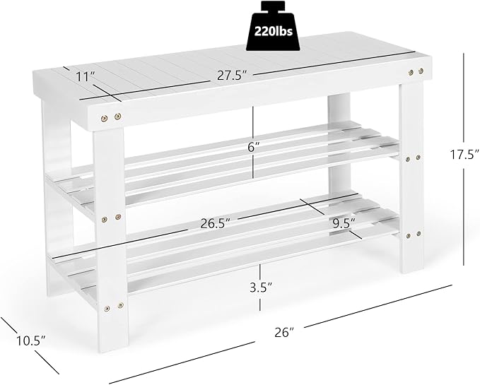 Giantex Entryway Shoe Bench, Bamboo Shoe Shelf Organizer Holds up to 6 Pairs, 3-Tier White Shoe Storage Rack Heels, Slippers for Entry, Living Room, Bathroom (White)