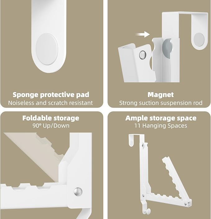 Over The Door Hangers, Over Door Hooks for Hanging, Small Space Dual Folding Portable Extra Long Over Door Clothes Hanger for Clothes, Hats, Bags and Towels (1Pack,White(Update))