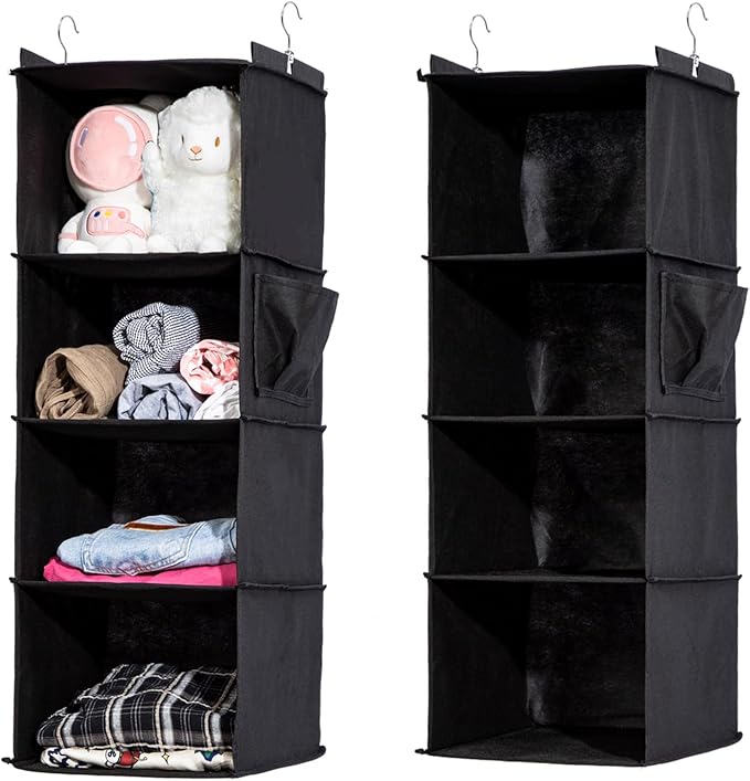 2 Packs Hanging Closet Organizer, 4-Shelf Closet Organizers and Storage with Side Pockets, Collapsible Hanging Shelves for Closet & RV & College Dorm,Black-NeatNest