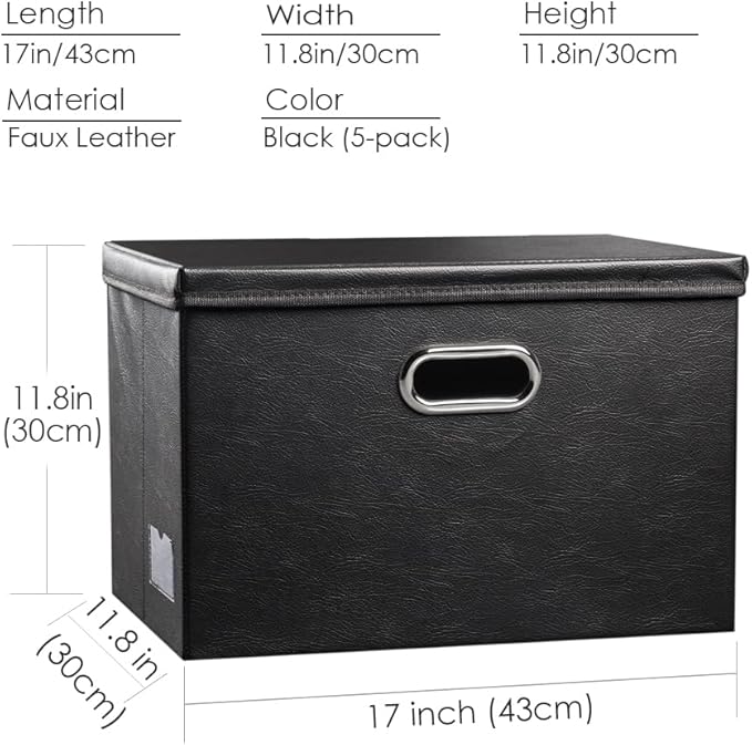 PRANDOM Large Stackable Storage Boxes with Lids [5-Pack] Leather Fabric Foldable Storage Bins Organizer Containers Baskets Cubes with Cover for Bedroom Closet Office Nursery Black(17.7x11.8x11.8)-NeatNest