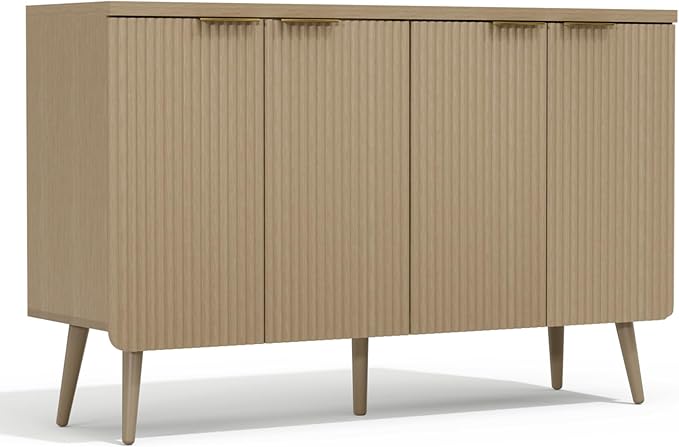 47.2" Sideboard Buffet Cabinet with Storage, Modern Fluted Accent Credenza with 4 Doors, Buffet Media Console Entryway Cabinet with Adjustable Shelve for Living Dining Room Hallway, Natual Oak-NeatNest