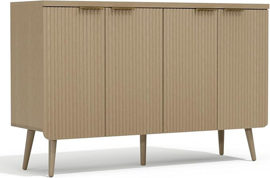 47.2" Sideboard Buffet Cabinet with Storage, Modern Fluted Accent Credenza with 4 Doors, Buffet Media Console Entryway Cabinet with Adjustable Shelve for Living Dining Room Hallway, Natual Oak-NeatNest
