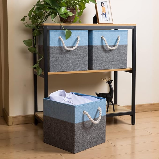 PRANDOM Large Foldable Cube Storage Bins 11x11 inch [4-Pack] Fabric Linen Storage Baskets Cubes Drawer with Cotton Handles Organizer for Shelves Nursery Closet Bedroom Blue-NeatNest
