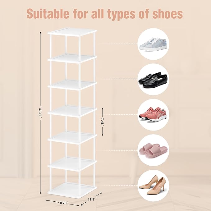 Vertical Tall Shoe Rack Organizer for Entryway -7 Tier Free Standing Slim Narrow Bamboo Wood Corner Stackable Shoe Boots Storage Stand Small Spaces for Closet Garage Cloakroom Living Room (White)-NeatNest