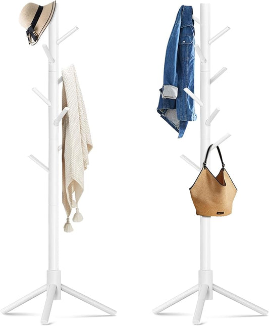2 Pack Coat Rack, Solid Wood Coat Rack Freestanding with 8 Hooks & 3 Adjustable Heights, Simple Assembly Coat Tree for Hats, Bags, Wooden Coat Hanger Stand for Bedroom, Entryway, Office-NeatNest