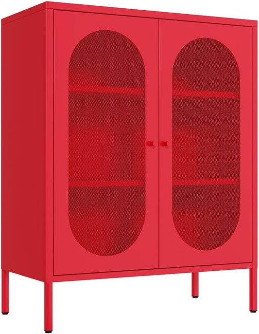 2 Doors Locker Metal Storage Cabinet, Storage Cabinet with Legs, Buffet Cabinet with Adjustable Shelves for Home, Office, Entryway and Hallway(Mesh Door Cabinet, Red)