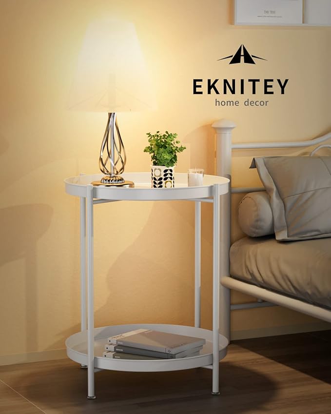 EKNITEY 2 Tier End Table - Metal Side Table Waterproof Small Sofa Coffee Side Tables Bedroom Indoor Outdoor with Removable Tray for Living Room Bedroom Balcony and Office (White)-NeatNest