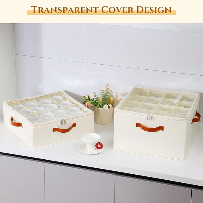 2 Pack Cup and Mug Storage Box with Dividers and Hard Shell, Stackable Coffee Cup Storage Organizer with Lid, Zipper, and Handles for Coffee Mugs, Cups, Glasses, Stemware Storage Containers for Moving-NeatNest