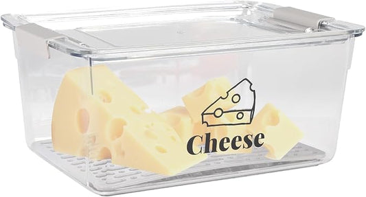 Cheese Container Airtight with Draining Basket Cream Cheese Sliced Cheeses Box with Lid Saver for Fridge Cheeses Keeper Cream Block Shredded Storage Box Saver (Clear)-NeatNest