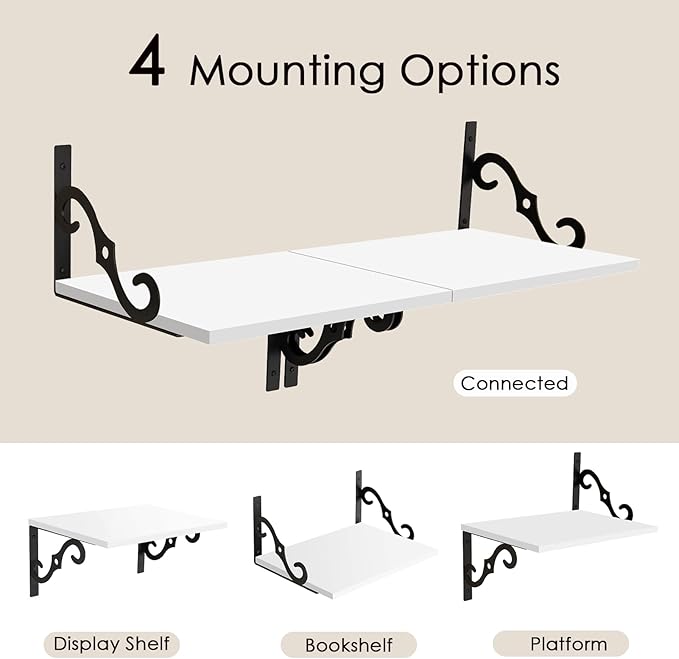 DINZI LVJ Deep Floating Shelves, 16" W x 12" D Wall Shelves Set of 2, Wide Display Shelf Wall Mounted with Brackets, Easy-to-Install Wall Bookshelf for Living Room, Bathroom, Bedroom, White-NeatNest