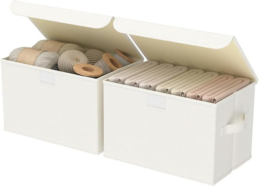 Foldable Storage Bin, Cube Organizer Basket with Flip-Top Lid and 2 Handles, Decorative Boxes for Shelves with Cover for Clothes, Towels, Blanket, 2 Pack, Beige, 13 x 9 x 7.9 In, XSNY12BEM-2-NeatNest