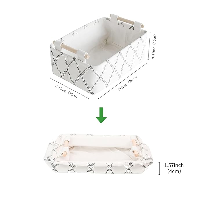 Decorative Collapsible Rectangular Fabric Storage Bin Organizer Basket with Wooden Handles for Clothes Storage, 11"×7.1"×3.9", White-NeatNest