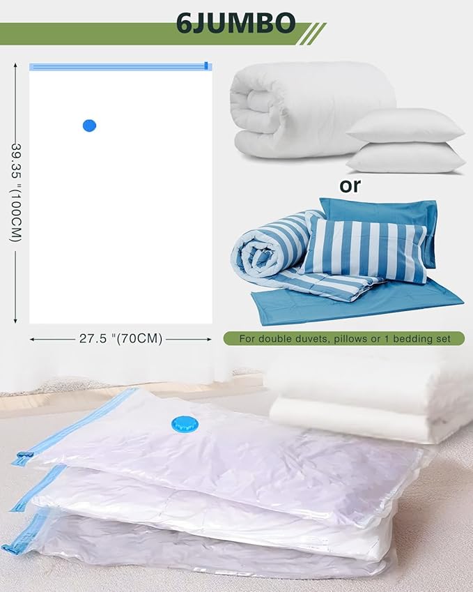 Vacuum Storage Bags (6 Jumbo Pack) Space Saver Bags with 1 Electric Air Pump Vacuum Seal Bags Compression Bags for Clothes Blanket Duvets Pillows Comforters Travel Moving-NeatNest