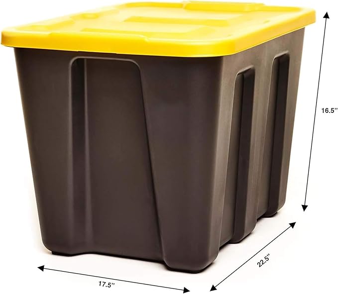 HOMZ 18 Gallon Durabilt Storage Bins, Pack of 4 Heavy Duty Plastic Containers, Secure Snap Lids, Break and Blemish Resistant, Stackable, Nestable, Organizing Totes, Black/Yellow