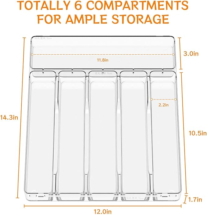 Clear Silverware Organizer for Kitchen Drawers,BPA Free Cutlery Drawer Organizer,6 Slots Plastic Utensils Organizer Suitable as In-Drawer Silverware Holder and Tray,Flatware,Knife,Fork,Spoon Organizer-NeatNest