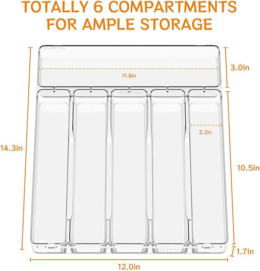Clear Silverware Organizer for Kitchen Drawers,BPA Free Cutlery Drawer Organizer,6 Slots Plastic Utensils Organizer Suitable as In-Drawer Silverware Holder and Tray,Flatware,Knife,Fork,Spoon Organizer-NeatNest