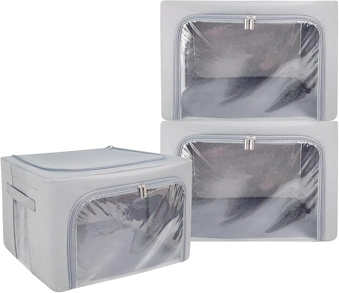 UUBEMM Clothes Storage Bins with Foldable Sturdy Frame,Stackable Storage Box for Closet Shelf Organizers for Seasonal Clothing,Blankets,Towel Bed Sheets,Toys Gift Others (Medium -40L x3PACK, Grey)-NeatNest