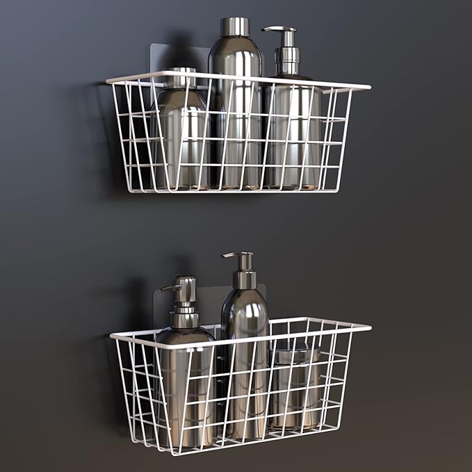 MaraFansie Wall Wire Baskets Bin No Drilling Adhesive Hanging Baskets Wall Mounted for Cabinet & Pantry Organization and Kitchen, Bathroom, Bedroom Storage, 2 Pack, White-NeatNest