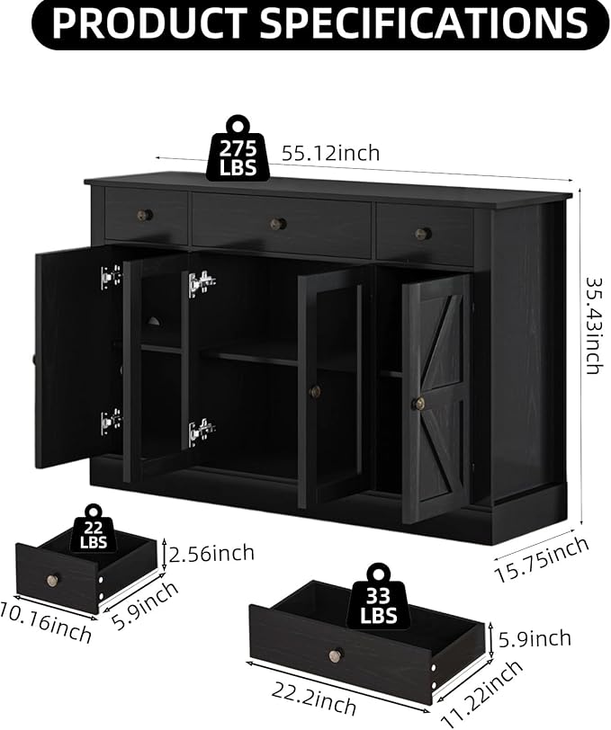 4 EVER WINNER Sideboard Buffet Cabinet with Storage, 55" Coffee Bar Cainets with 3 Drawers and Glass Doors, Farmhouse Buffet Cabinet for Kitchen, Living Room-NeatNest