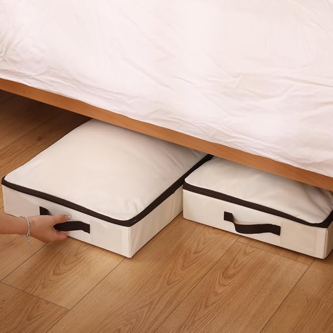 AMJ 4" Foldable Underbed Storage Closet Organizers and storage bins, Under Bed Garment Storage Bins, Folding & Washable, Soft Zip Lid, Beige-NeatNest