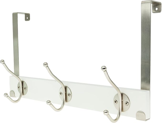 creathome Dual-Purpose Wooden Hanger with 3 Round Hooks White Color, Behind/Over The Door Towel Rack for Bathroom, Heavy Duty Wall Mounted Coat Rack, No Drilling