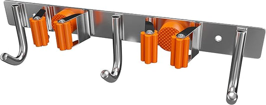 Heavy Duty Broom and Mop Holder Wall Mounted with 2 Rubber Grip Slots & 3 Utility Hooks – SUS304 Stainless Steel, Waterproof, Self Adhesive or Drill Mount, for Garage, Laundry, Kitchen & Closet Use-NeatNest
