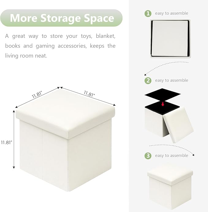 B FSOBEIIALEO Folding Storage Ottoman Cube Faux Leather Ottomans for Living Room, Bedroom, Home Office, Dorm Storage Footrest White 11.8"x11.8"x11.8"