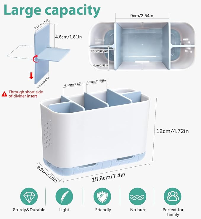 Boperzi Electric Toothbrush Holder for Bathroom Organizer Countertop, Detachable Anti-Slip Blue Toothpaste Storage Caddy 6 Slots White with Drainage Holes for Makeup Brush Razor Stand-NeatNest
