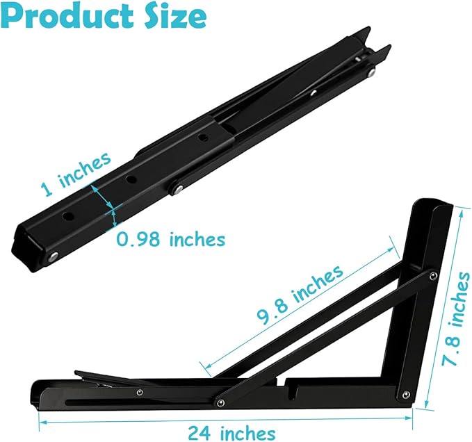24" Black Folding Shelf Brackets Max. Load 550 lb, Heavy Duty DIY Wall Mounted Shelf Bracket Space Saving for Table Work Bench, Pack of 2
