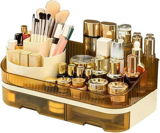 Makeup Organizer Countertop - Dual Drawer Cosmetic Storage with Spacious Compartments for Vanity, Holds 20 Brushes, 12 Lipsticks, 10 Skincare Bottles, Chic Modern Design