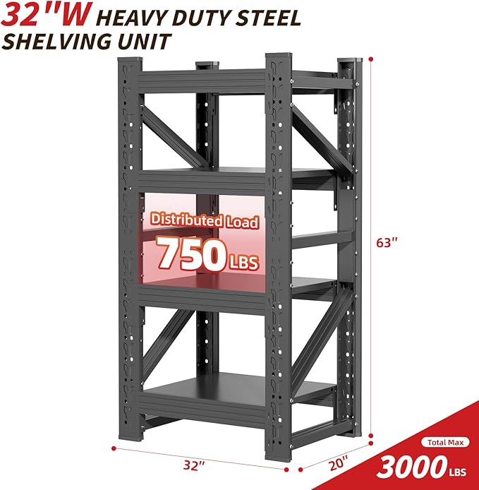 32" W Garage Shelving,4-Tier Heavy Duty Storage Shelves Unit with Adjustable Metal Shelf for Warehouse,Basement,Workshop,3000LBS,32" W x 20" D x 63" H,Black-NeatNest