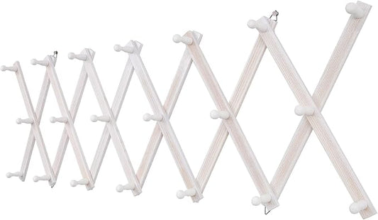 Accordion Wall Hanger with 20 Hooks, Wooden Wall Expandable Coat Rack for Coat, Hats, Baseball Caps, Coffee Mug, Jewelry(Ruist White)-NeatNest