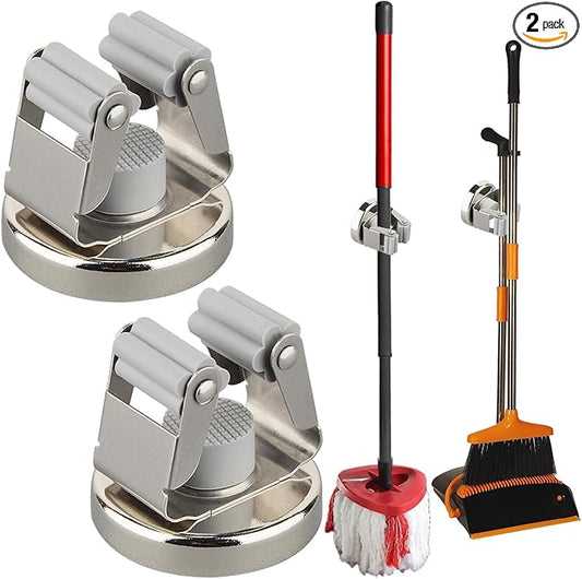 MUTUACTOR Magnetic Broom Holders,2pcs Anti-broken Heavy Duty Magnetic Clips Wall Mount,No Drilling 10lbs Magnetic Hooks Broom Mop Brackets for Work Cargo Garage Laundry Work Van Accessories-NeatNest