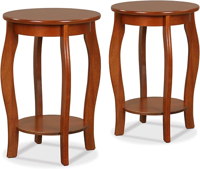 Giantex Round End Table, Wooden Side Table with Storage Shelf, Small Nightstand with Solid Wood Legs, 2-Tier Accent Table for Living Room Bedroom (2, Walnut)