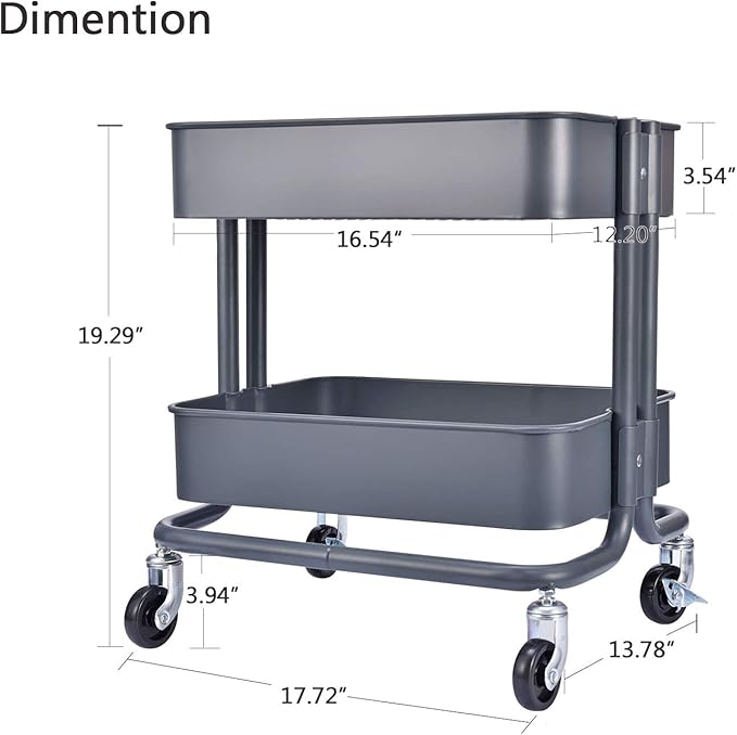 2-Tier Metal Utility Rolling Cart Storage Side End Table with Cover Board for Office Home Kitchen Organization, Dark Gray