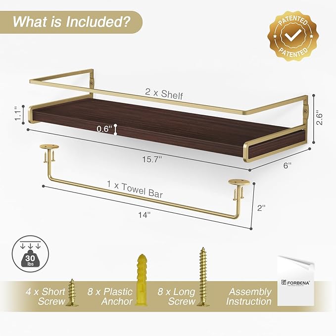 Floating Shelves Bathroom Shelves Over Toilet Set of 2, Bathroom Wall Shelves with Towel Bar, Wall Mounted Vanity Shelf for Bedroom, Kids Room, Kitchen (Brown & Gold)-NeatNest