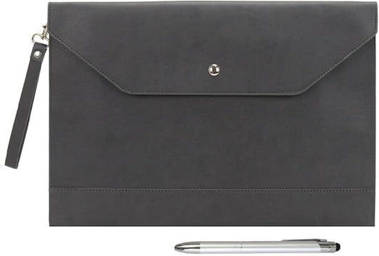 Wonderpool Envelope Case A4 PU Leather File Jacket Pocket Folder Document Case Bag with Removable Hand Strap and 4 Pocket for Documents Tablet Phone Stationery (Dark Gray)