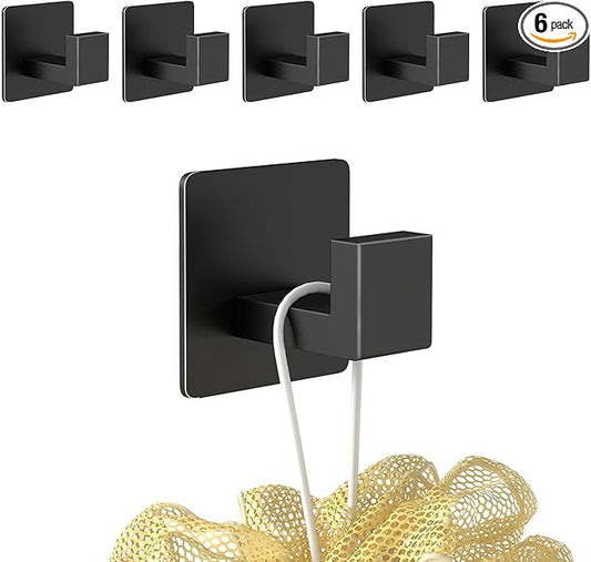 6 Pack Towel Hooks for Bathrooms Adhesive, Heavy Duty Shower Hooks for Inside Shower Wall, Stick on Self Adhesive Hooks for Robe Towel Coat, Bath Towel Hanger for Wall Kitchen Closet RV (Black)