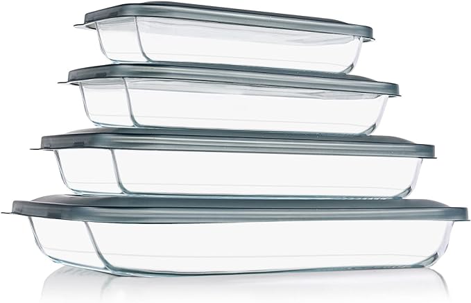 8 Pieces Glass Baking Dish with Lids Rectangular Glass Baking Pan Bakeware Set with Lids, Baking Pans for Lasagna, Leftovers, Cooking, Kitchen, Fridge-to-Oven, Gray
