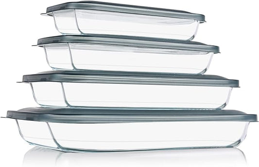 8 Pieces Glass Baking Dish with Lids Rectangular Glass Baking Pan Bakeware Set with Lids, Baking Pans for Lasagna, Leftovers, Cooking, Kitchen, Fridge-to-Oven, Gray