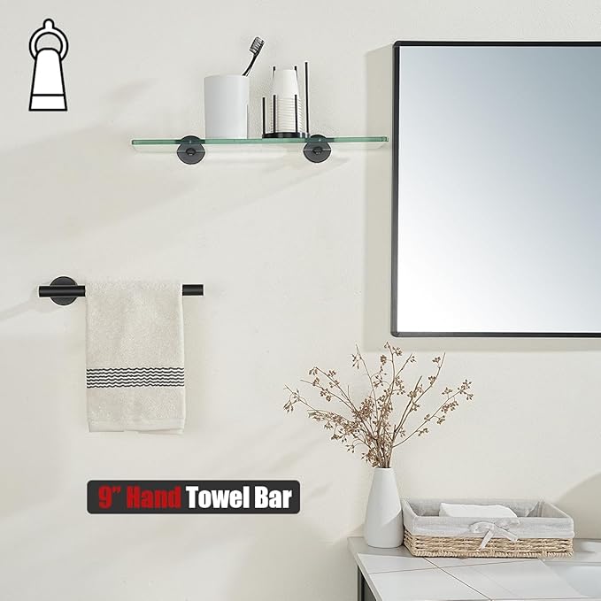 JQK Hand Towel Holder Towel Ring Black, 10 Inch Thicken 0.8mm 304 Stainless Steel Bathroom Hand Towel Bar, 9 Inch Useable Length Wall Mount Towel Rack Hanger, Matte Black, THH110L9-PB